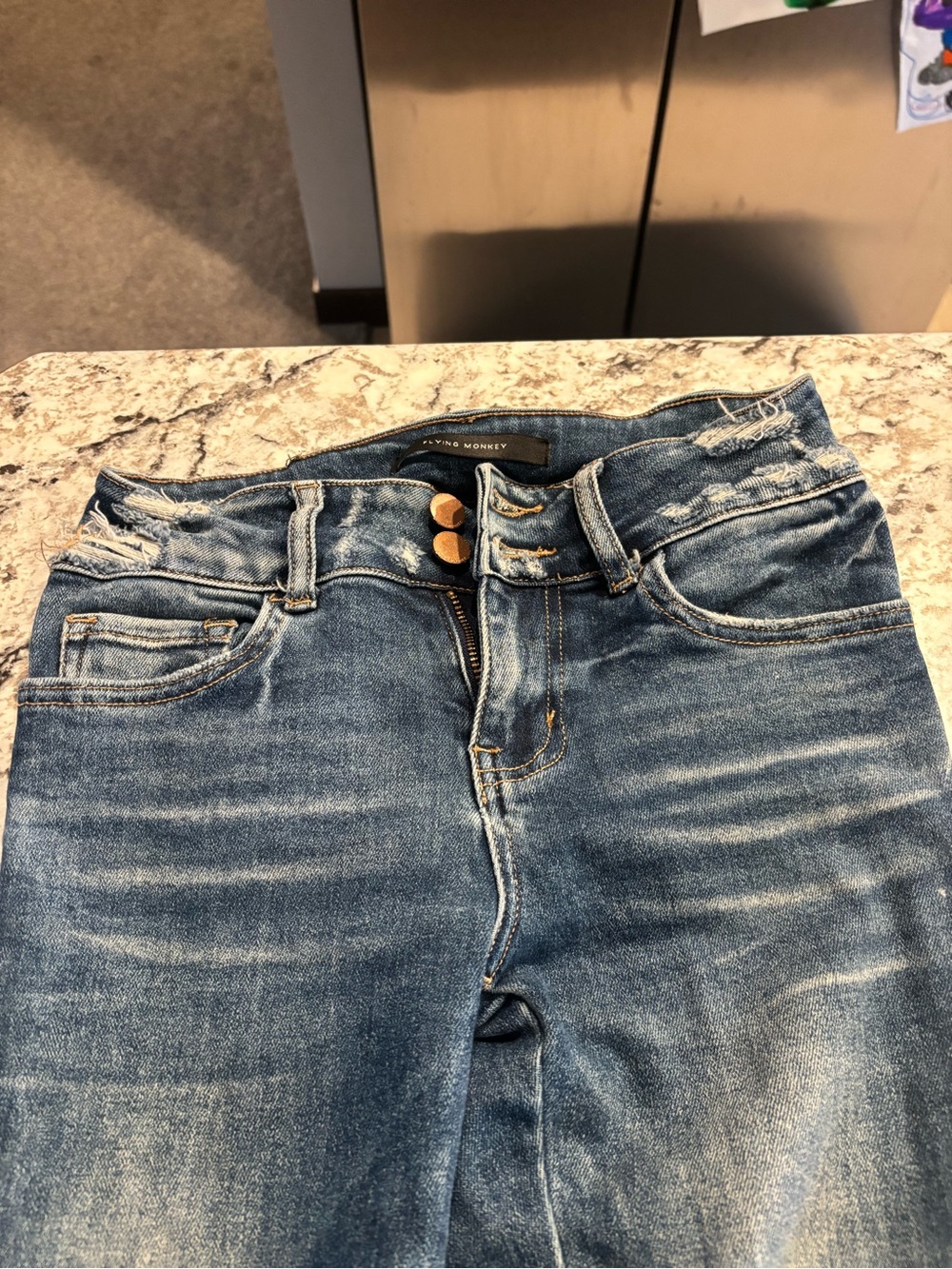 Flying Monkey High-Rise Faded Blue Distressed Jeans